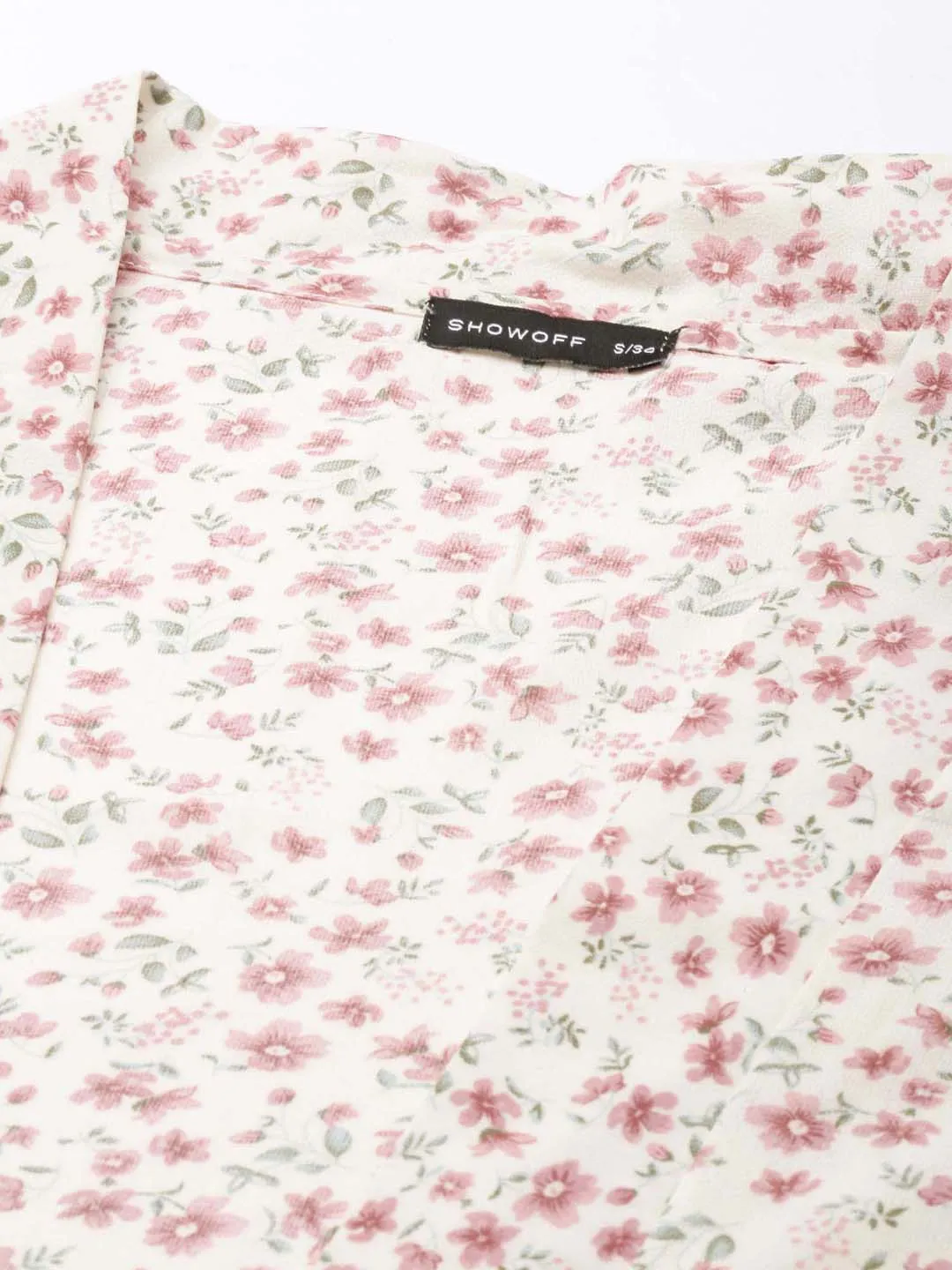 Ultimate Fit Tear Resistant Knit Women's Cream Floral Printed Puff Sleeves Wrap Crop Top