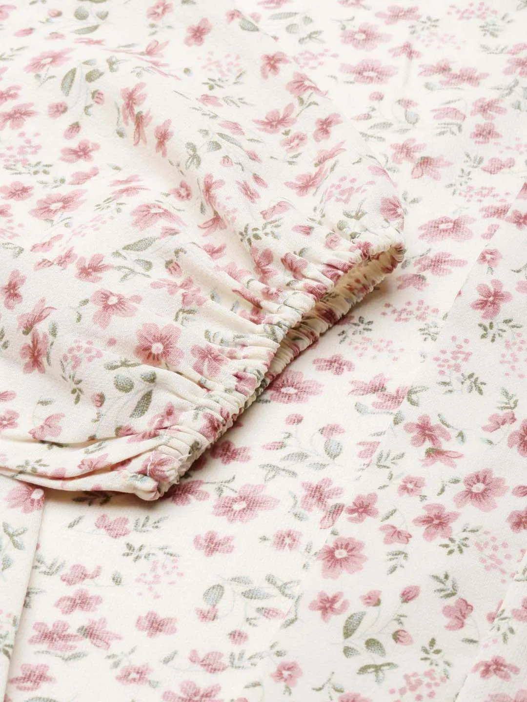 Floral Pattern Women's Cream Floral Printed Puff Sleeves Wrap Crop Top