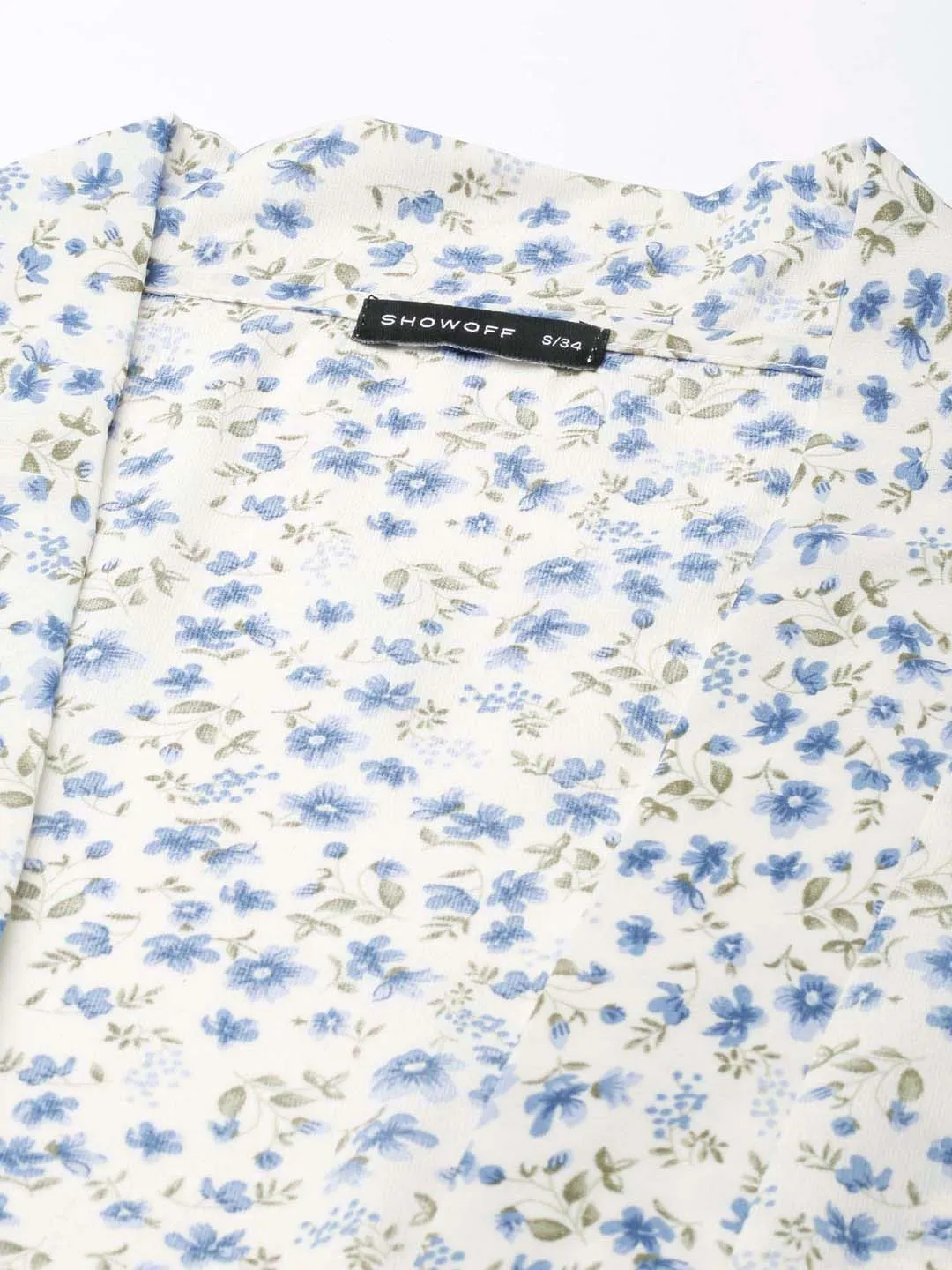 Women's Cream Floral Printed Puffed Sleeves Tie-Ups Crepe Wrap Crop Top Breathable Fit Design Cozy Comfort Design