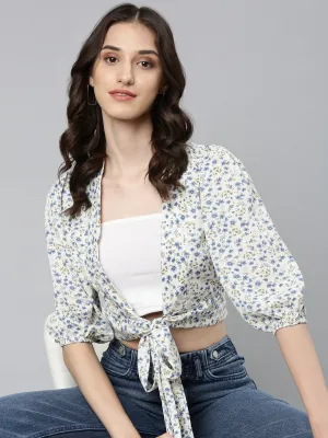 NonRestrictiveCut Women's Cream Floral Printed Puffed Sleeves Tie-Ups Crepe Wrap Crop Top