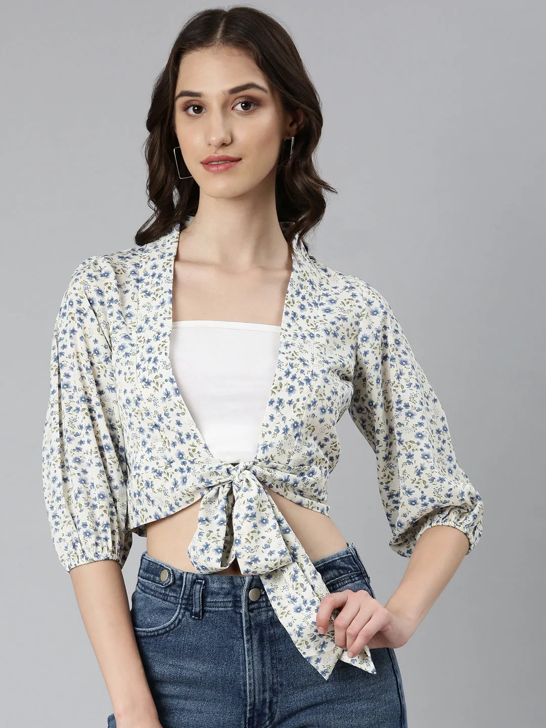 Fashion Layering Women's Cream Floral Printed Puffed Sleeves Tie-Ups Crepe Wrap Crop Top