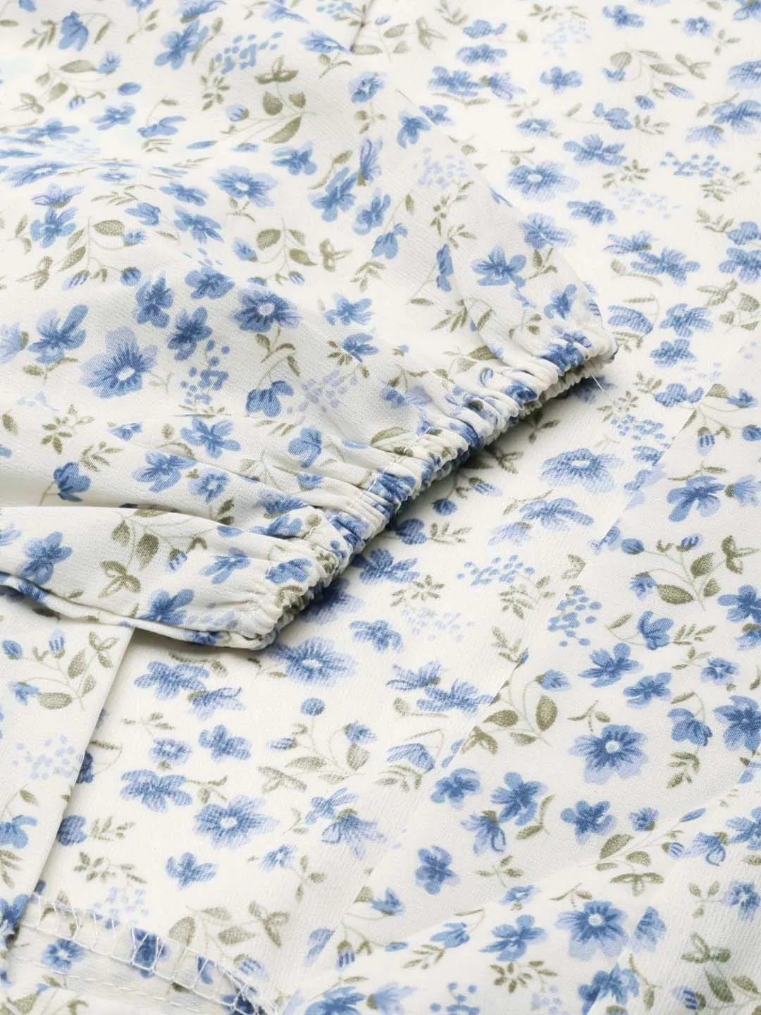 Women's Cream Floral Printed Puffed Sleeves Tie-Ups Crepe Wrap Crop Top Lightweight Comfort Wear Elegant Detail