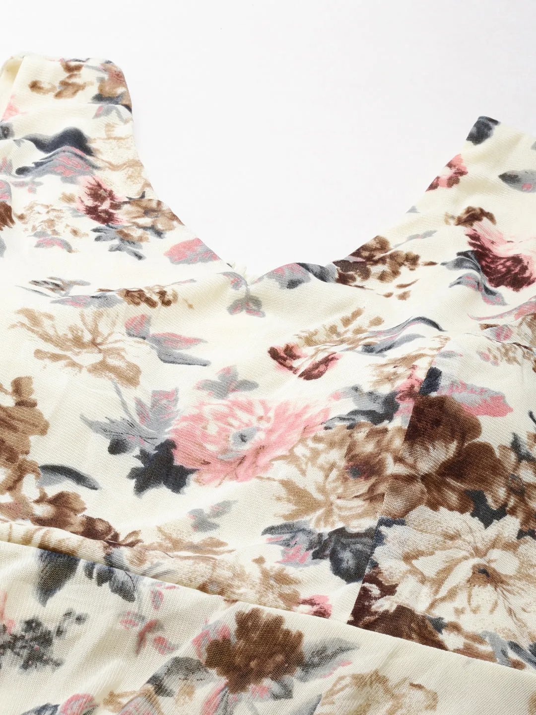 Women's Cream Floral Printed V-Neck Smocked Detailed Fit and Flare Dress Rose Flush Boxy-Style