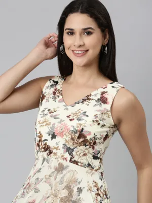 Perfect Waistband Feminine empire waist dress Women's Cream Floral Printed V-Neck Smocked Detailed Fit and Flare Dress