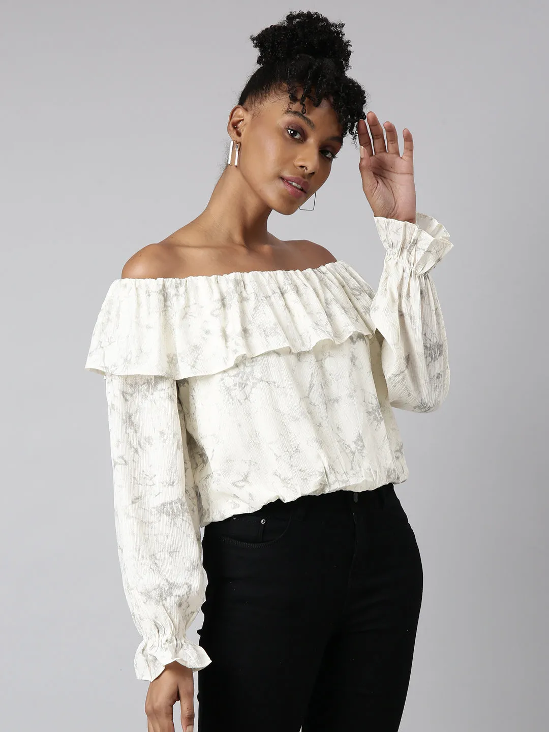 Women's Cream Off-Shoulder Abstract Bell Sleeve Blouson Crop Top Laser Cut Edges comfortable option