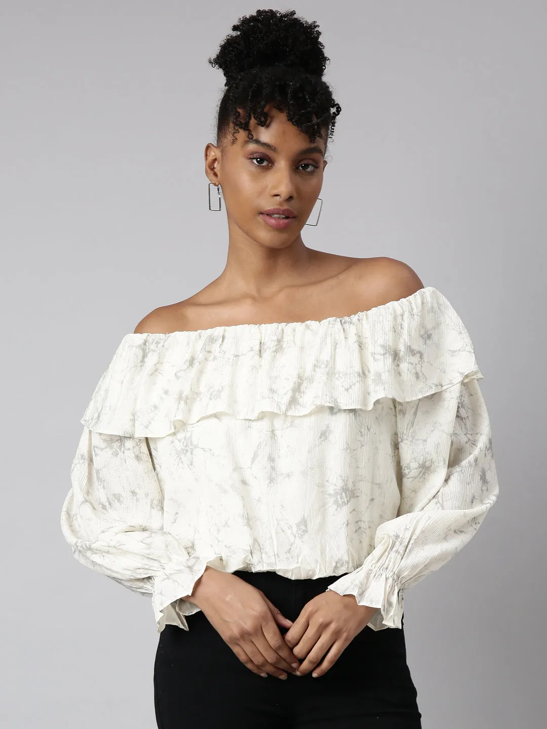 Soft Feel Women's Cream Off-Shoulder Abstract Bell Sleeve Blouson Crop Top