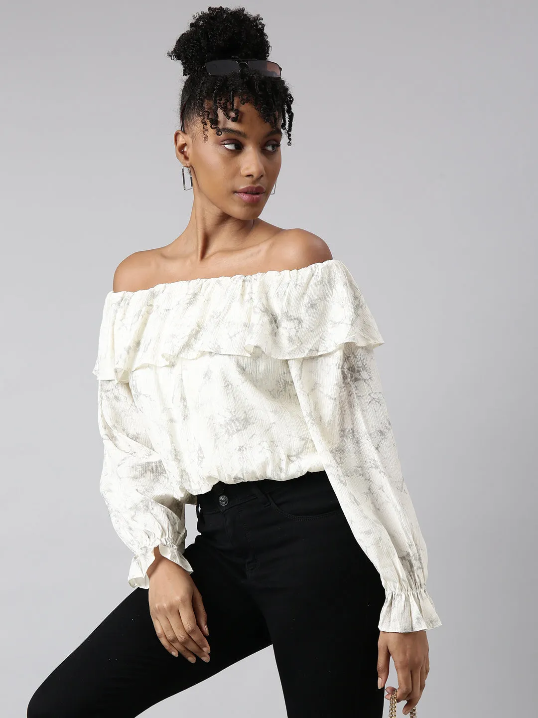 WrinkleResistant QuickEvaporation Women's Cream Off-Shoulder Abstract Bell Sleeve Blouson Crop Top