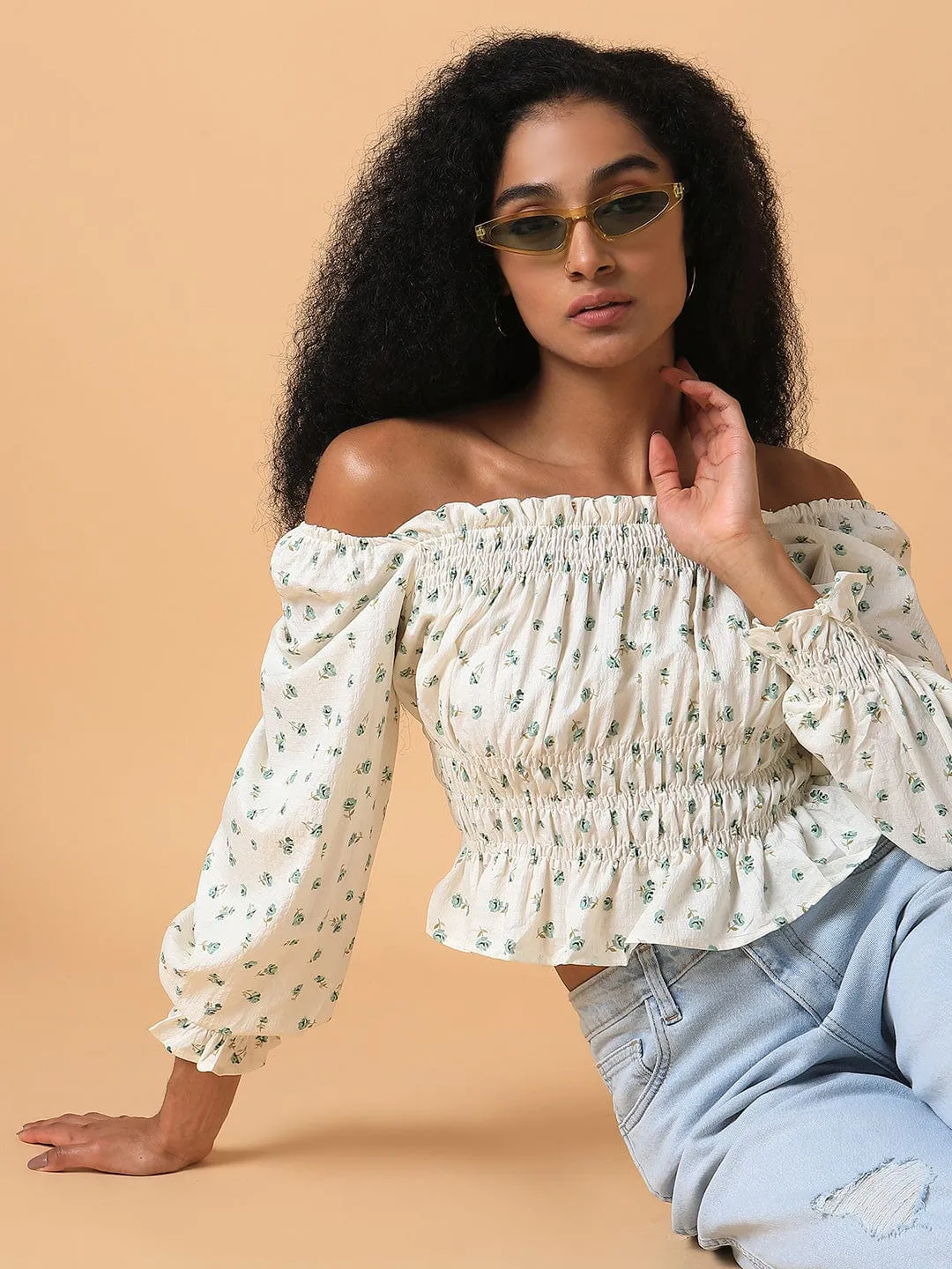 Women's Cream Off-Shoulder Synthetic Crepe Top Top Rated casual and comfortable