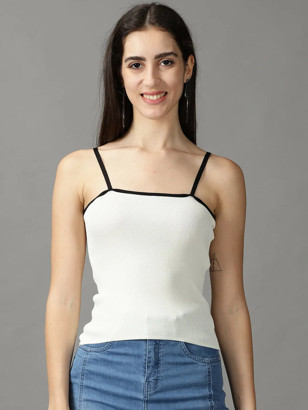 Multi Panel Structure Women's Cream Ribbed Fitted Top
