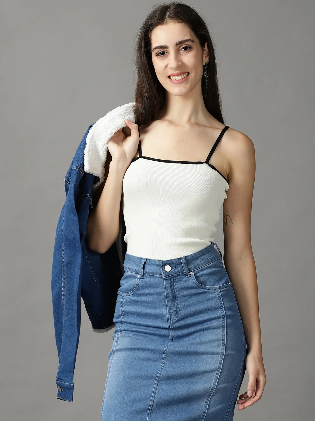 Chic Style Trend Comfy Wear Fit Women's Cream Ribbed Fitted Top