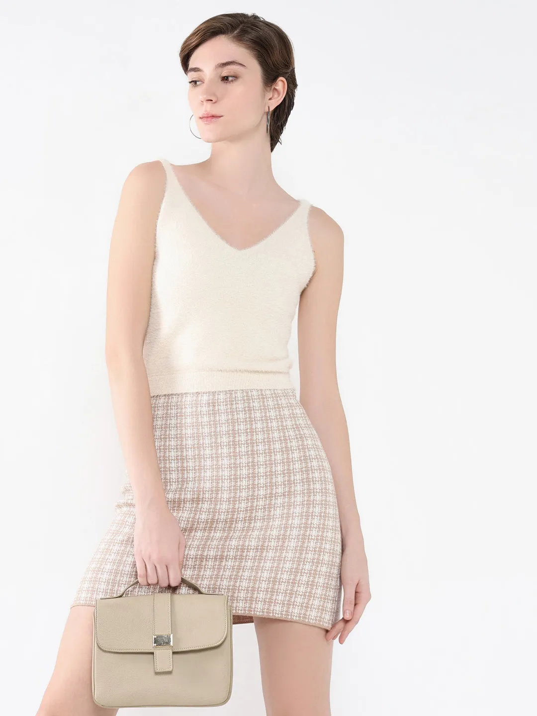 Comfort and Breathable Women's Cream Self Design V-Neck Acrylic Top