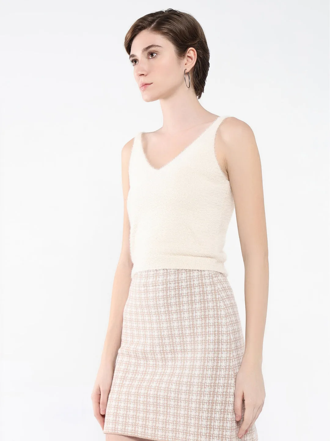 Women's Cream Self Design V-Neck Acrylic Top High Density Cotton Weekend Smart