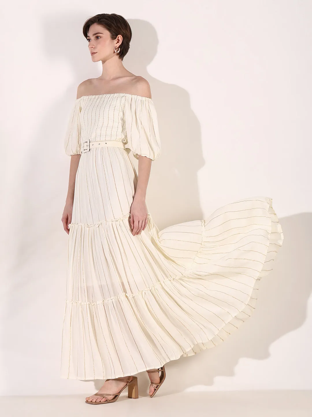 Women's Cream Striped Fit and Flare Dress with Belt Lounge Vibe