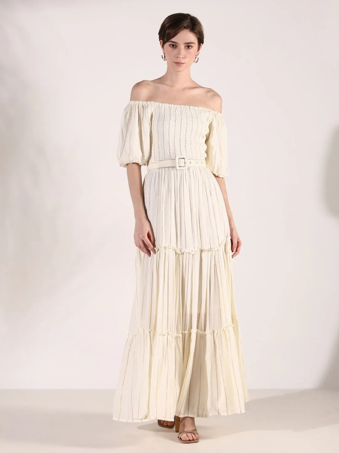 Elegant Look Women's Cream Striped Fit and Flare Dress with Belt