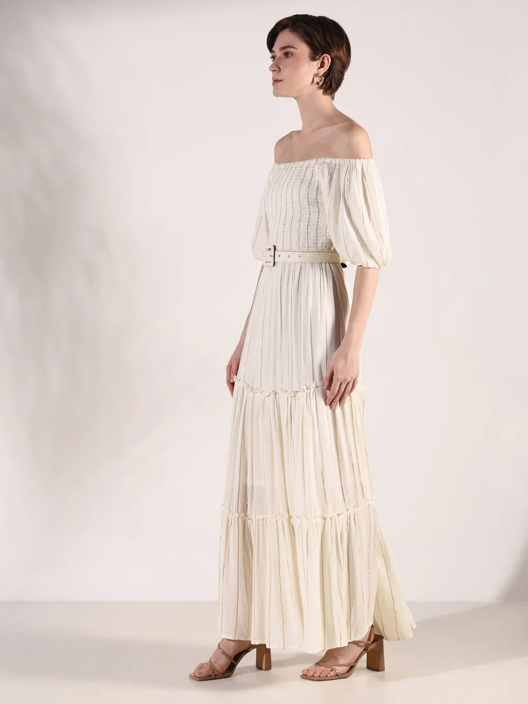 Women's Cream Striped Fit and Flare Dress with Belt Trend Texture Easy Layering Piece