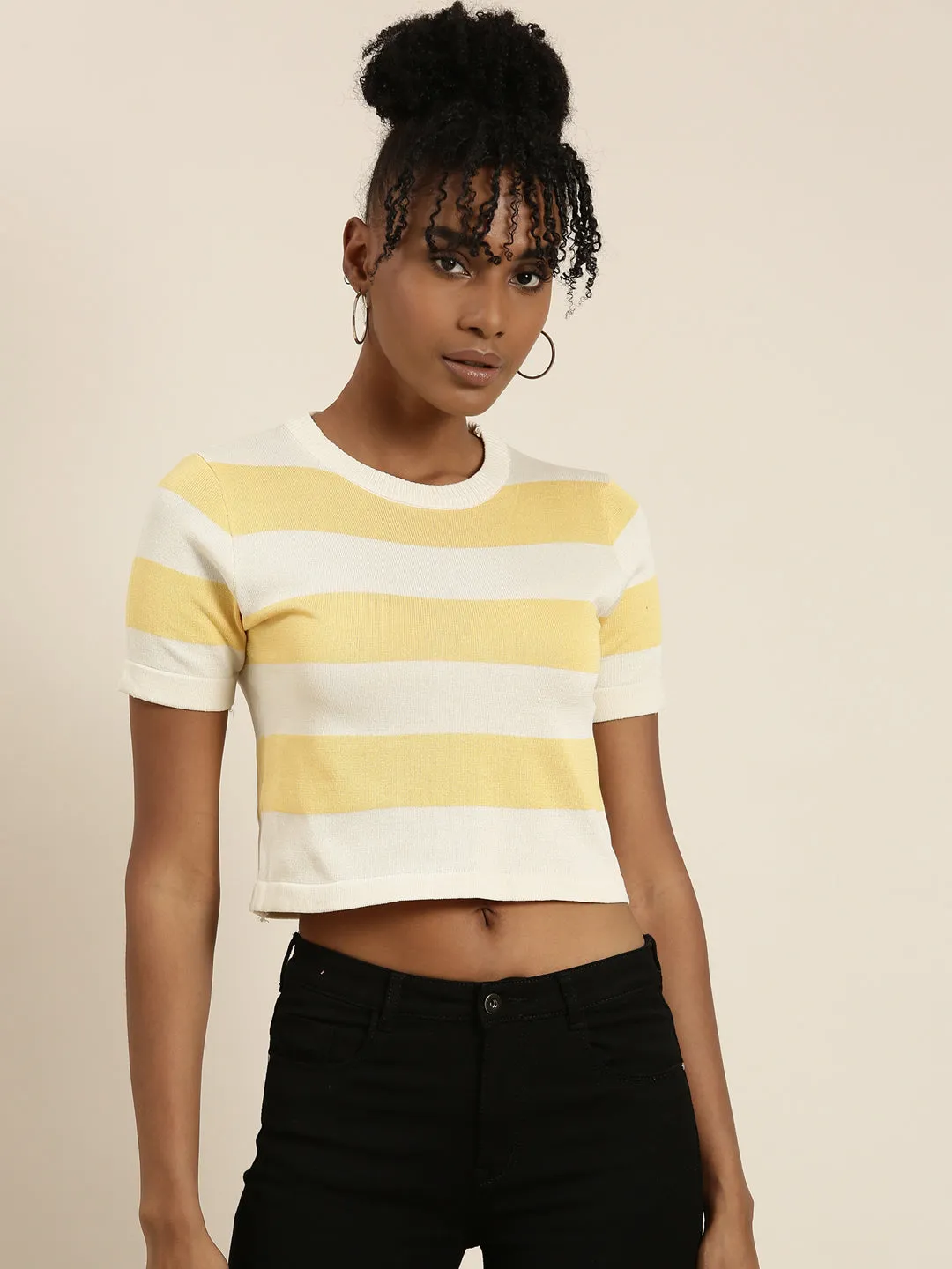 Stretch Design Women's Cream Striped Ribbed Crop Top