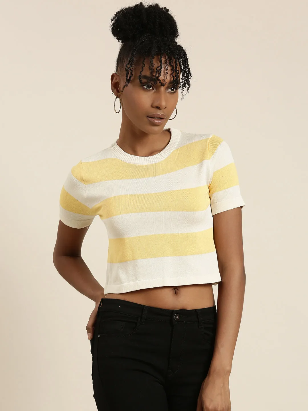 Teenager coolness Women's Cream Striped Ribbed Crop Top