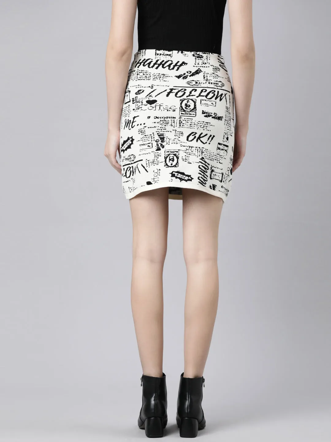 Women's Cream Typography Printed Pencil Mini Skirt Neutral Look