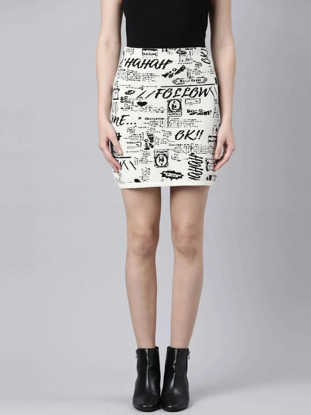 Key Feature Ruching Details Women's Cream Typography Printed Pencil Mini Skirt