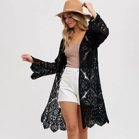 Women's Crochet Open Front Long Cardigan (Available in 2 Colors) Modern Silhouette