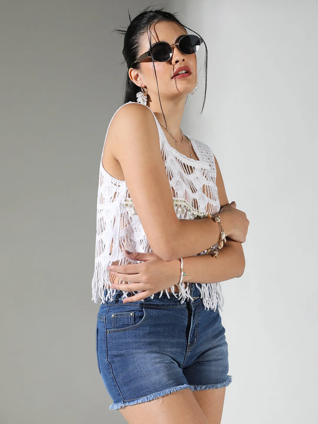 Breathable Comfort Fit Layering Must-Have Women's Crochet White Crop Top with Fringes
