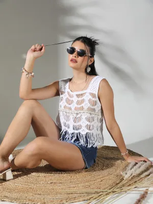 Women's Crochet White Crop Top with Fringes Minimalist fashion