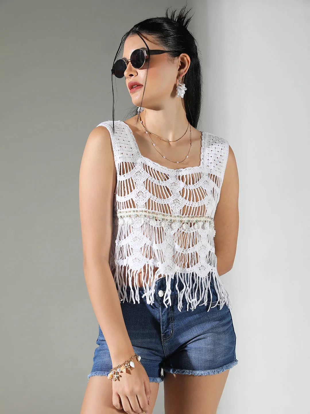 anti static coating Stylish Design Women's Crochet White Crop Top with Fringes