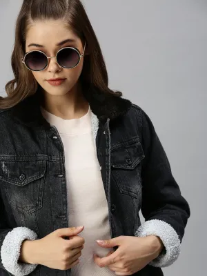 Women's Dark Grey Washed Outdoor Denim Jacket Shock Absorbent Padding Weekend Casual Fit