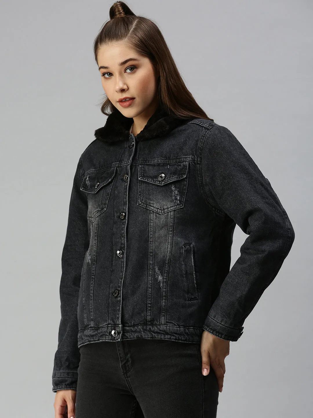Women's Dark Grey Washed Outdoor Denim Jacket ContouredShoulderFit