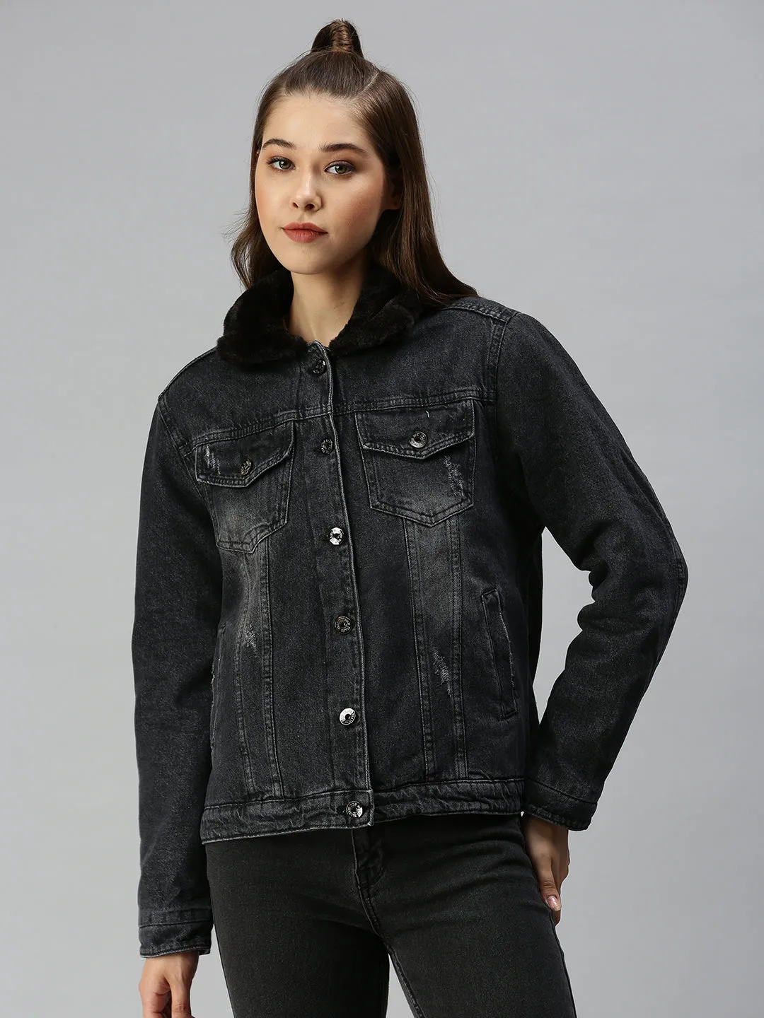 Tear Resistant Weave Women's Dark Grey Washed Outdoor Denim Jacket