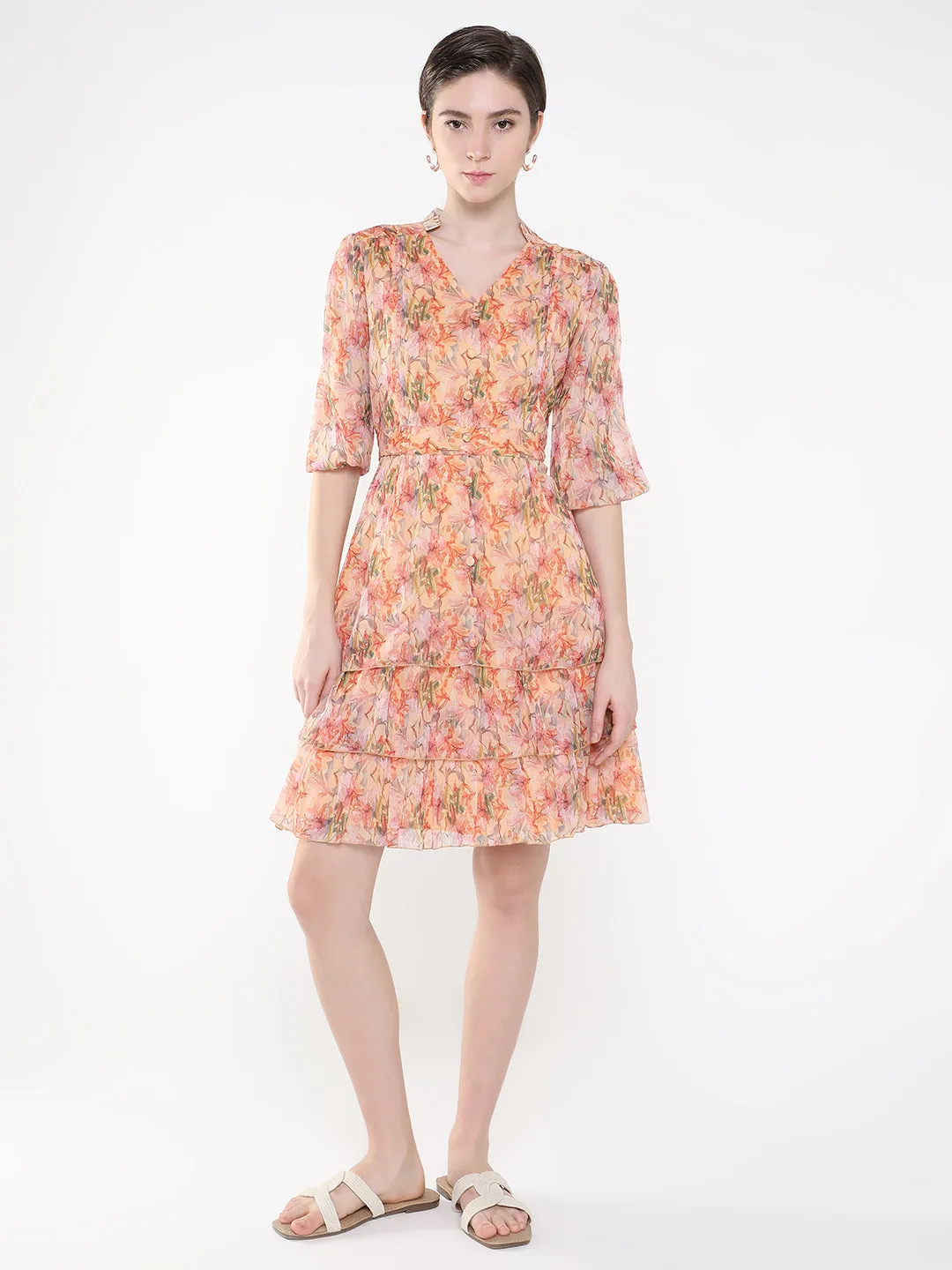 Women's Floral Peach Fit and Flare Dress Stylish Cut