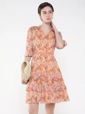Lightweight Piece Women's Floral Peach Fit and Flare Dress