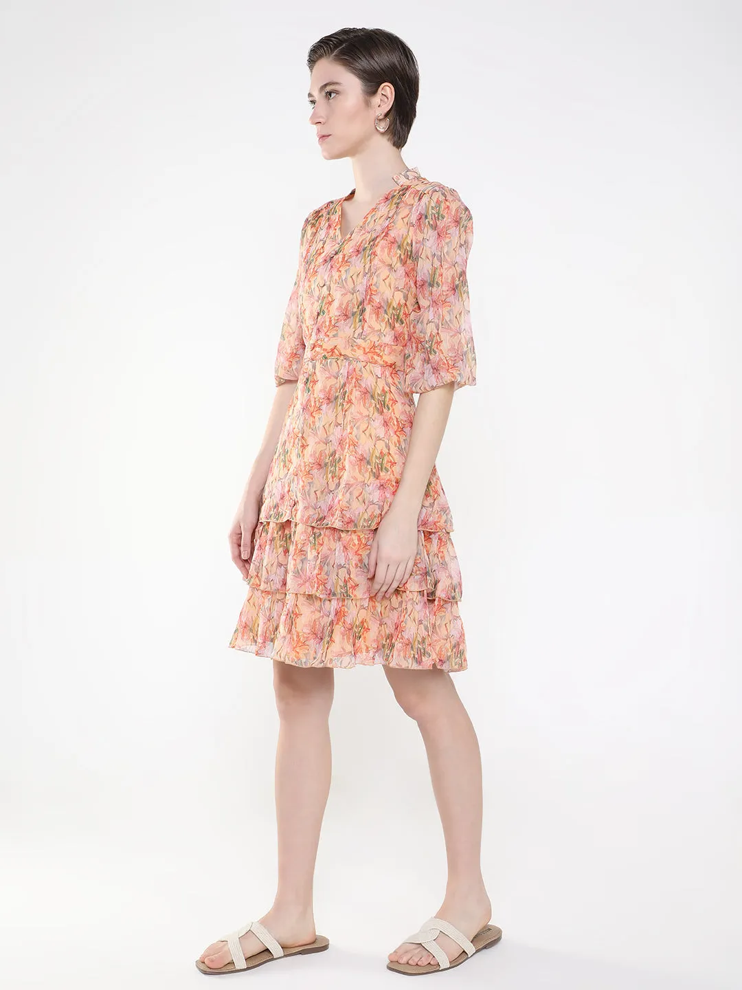 Women's Floral Peach Fit and Flare Dress Elegance Glow