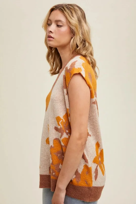 Breathable mesh panel Women's Floral Watercolor Jacquard Sweater Vest in Taupe Clay