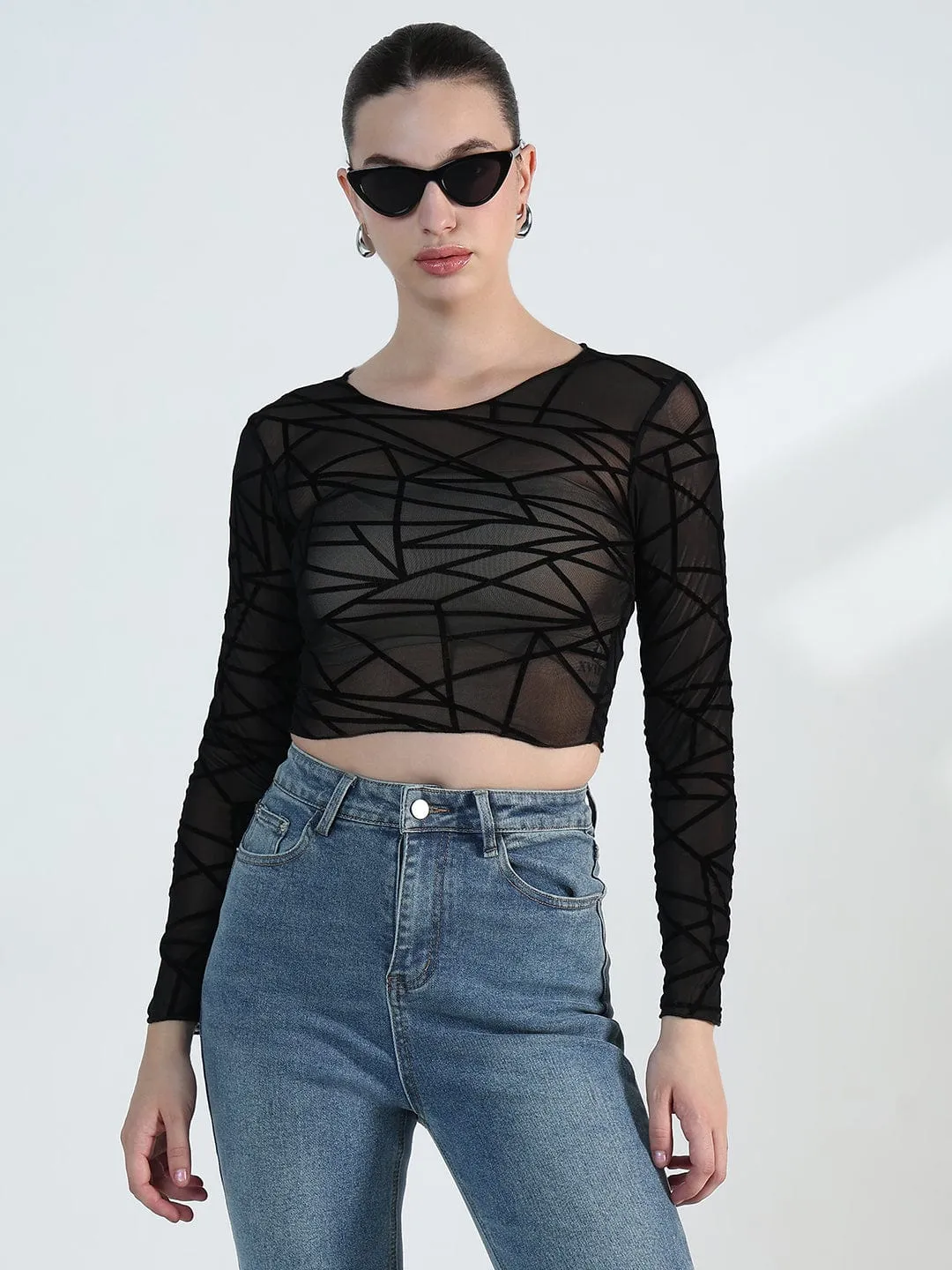 Flexible Cuff Design Women's Geometric Black Mesh Crop Top