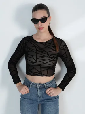 Women's Geometric Black Mesh Crop Top Sleek Comfort Fit