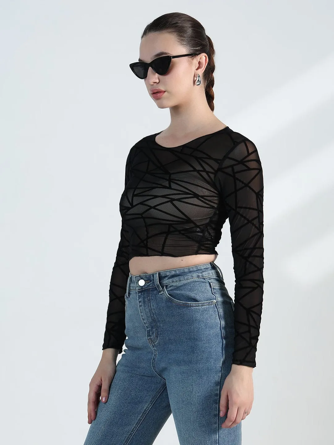 Picnic Cozy Vibes Women's Geometric Black Mesh Crop Top