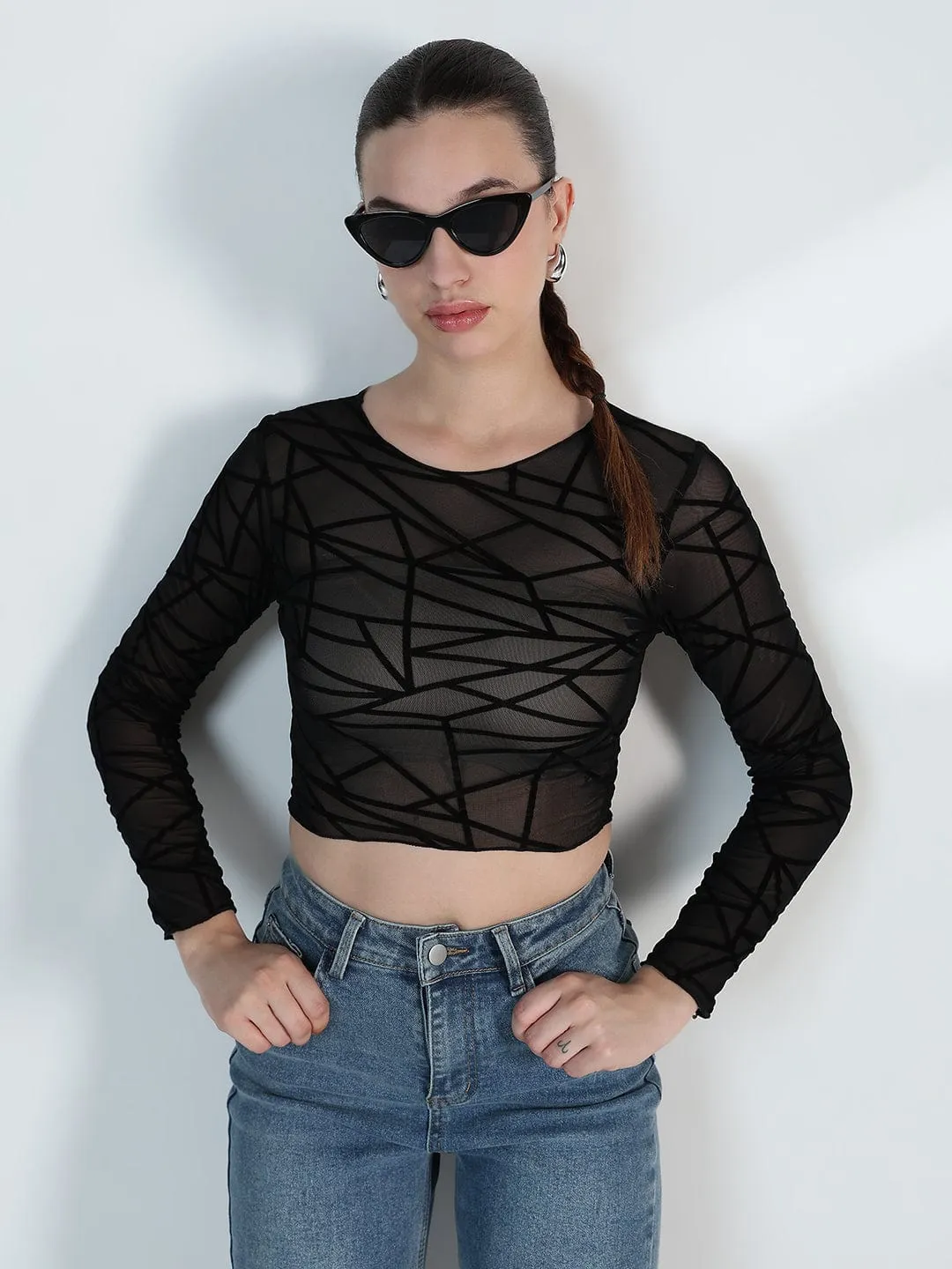 Women's Geometric Black Mesh Crop Top Sleek Comfort Fit