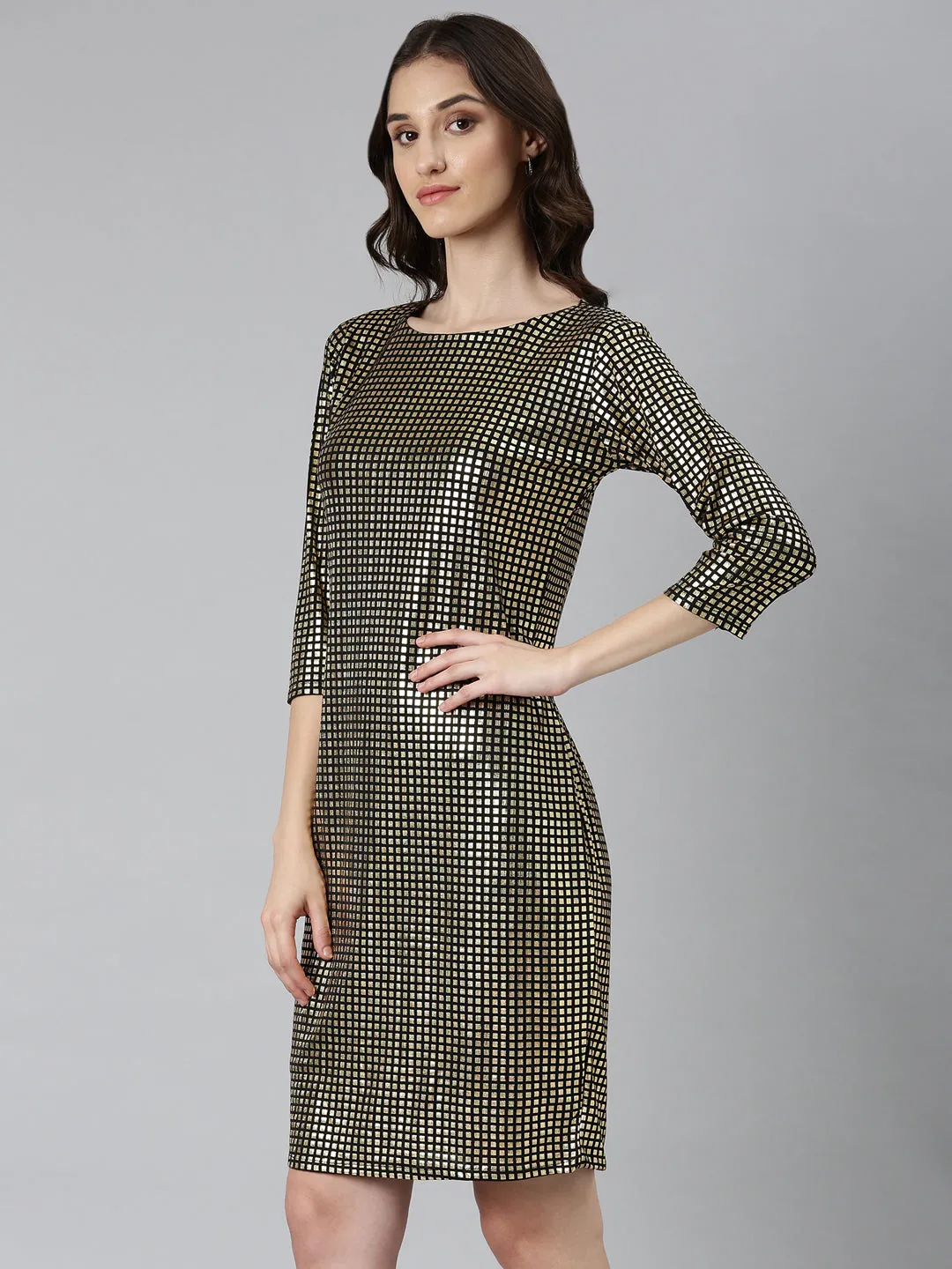 Women's Gold Embellished Sheath Dress Artistic Vibe Tie-Detail