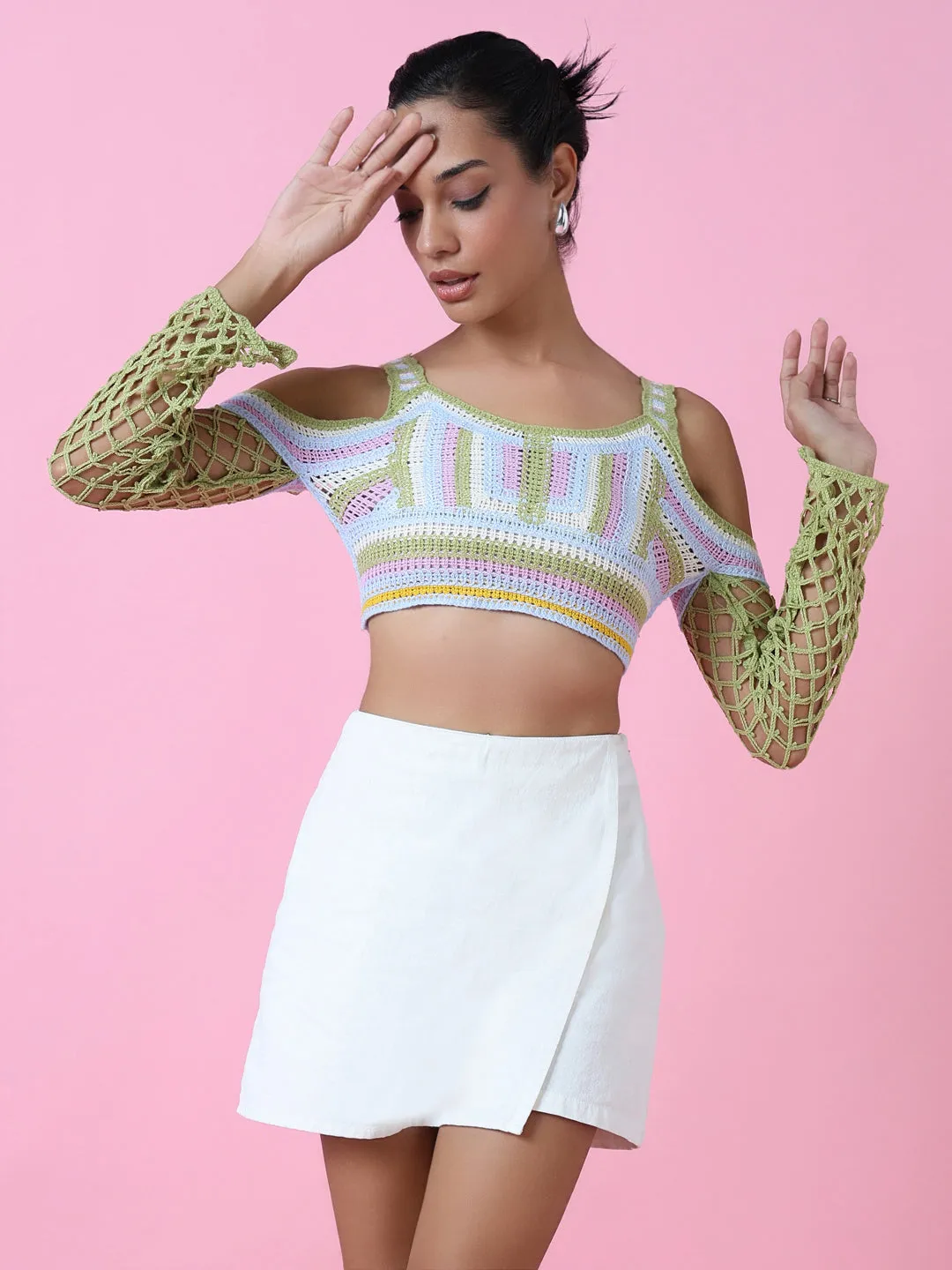 Women's Green Cold-Shoulder Crochet Blouson Crop Top Night Out Carnival Look