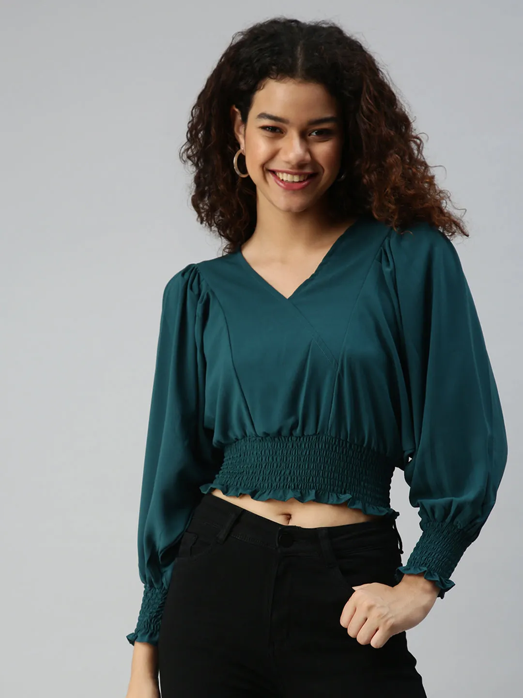 Women's Green Crepe Blouson Crop Top Quick Dry Material ReinforcedNeckline