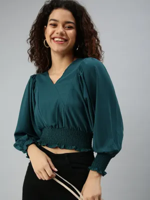 Women's Green Crepe Blouson Crop Top Trendy Fashion Elastic waist