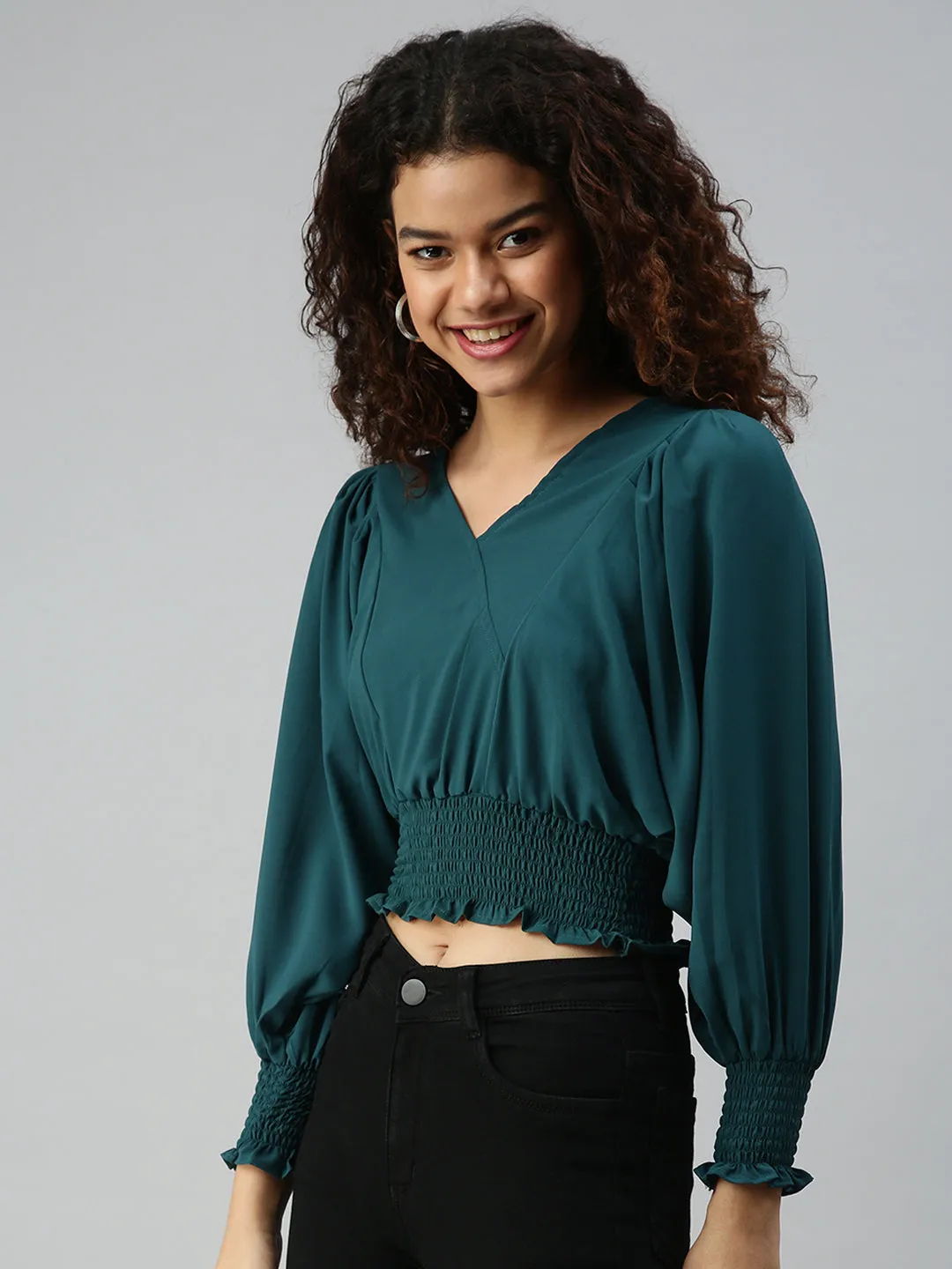 Sublimation Printed Collar Layered Neckline Women's Green Crepe Blouson Crop Top