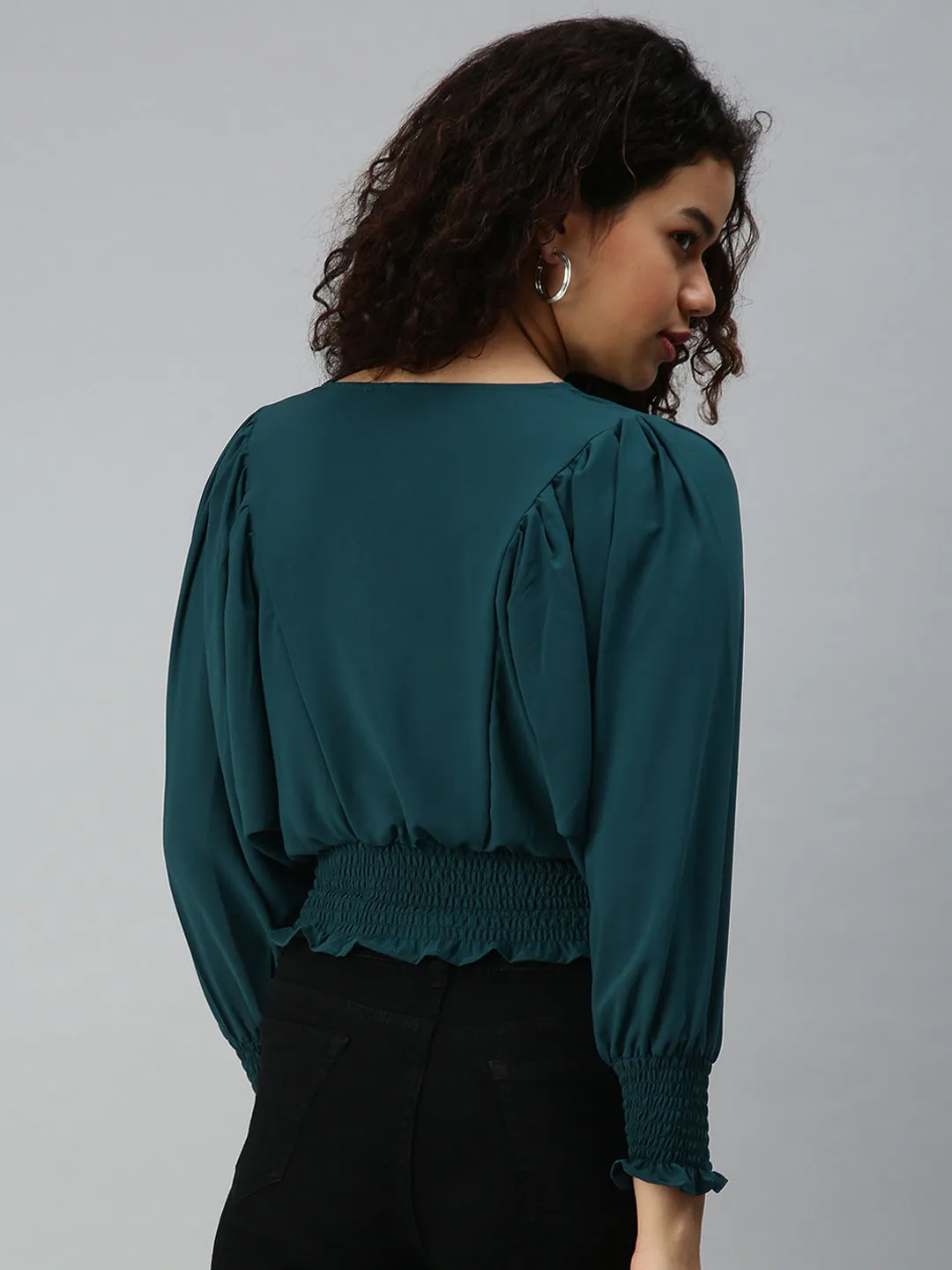 Women's Green Crepe Blouson Crop Top City Smart