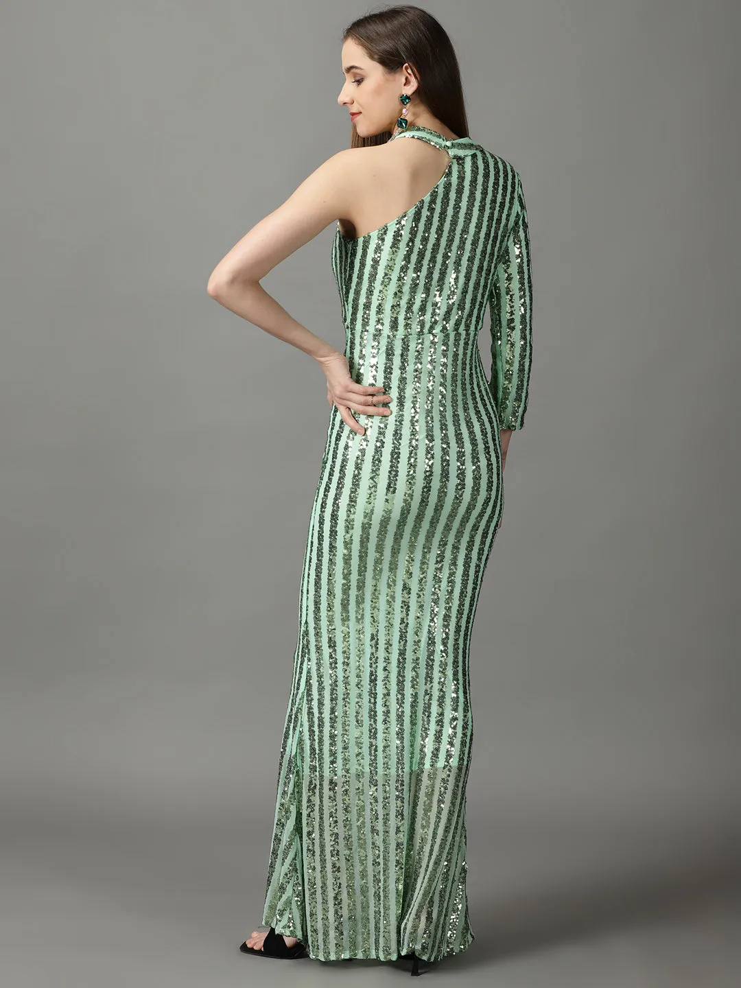 Light Wrap Pleat-Front Women's Green Embellished Halter Neck Sheath Maxi Dress