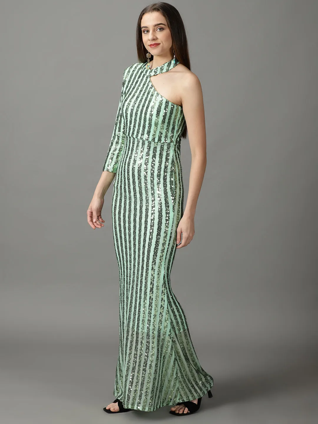 Women's Green Embellished Halter Neck Sheath Maxi Dress Petite-Size Sheer Overlay