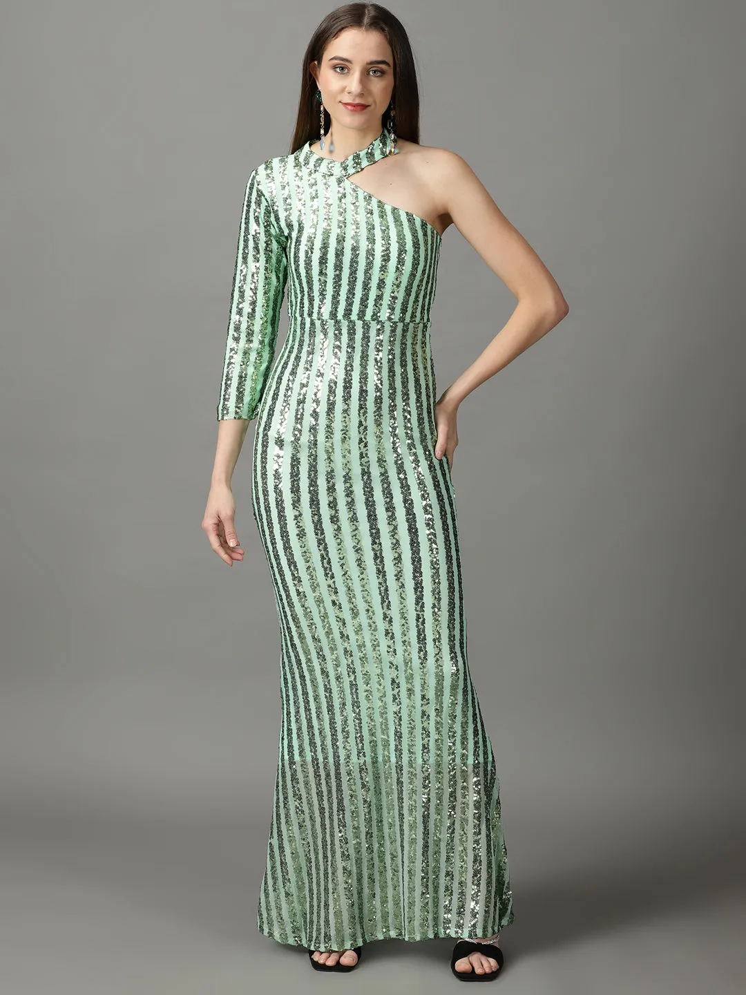 Women's Green Embellished Halter Neck Sheath Maxi Dress Soft Comfort