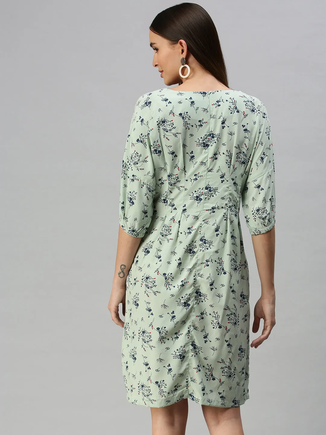 Women's Green Floral Crepe A-Line Dress Dew Tone