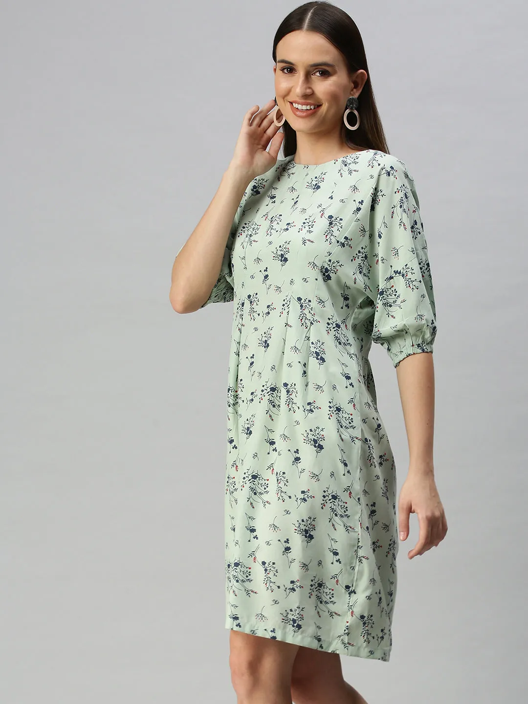 Polished Look Women's Green Floral Crepe A-Line Dress
