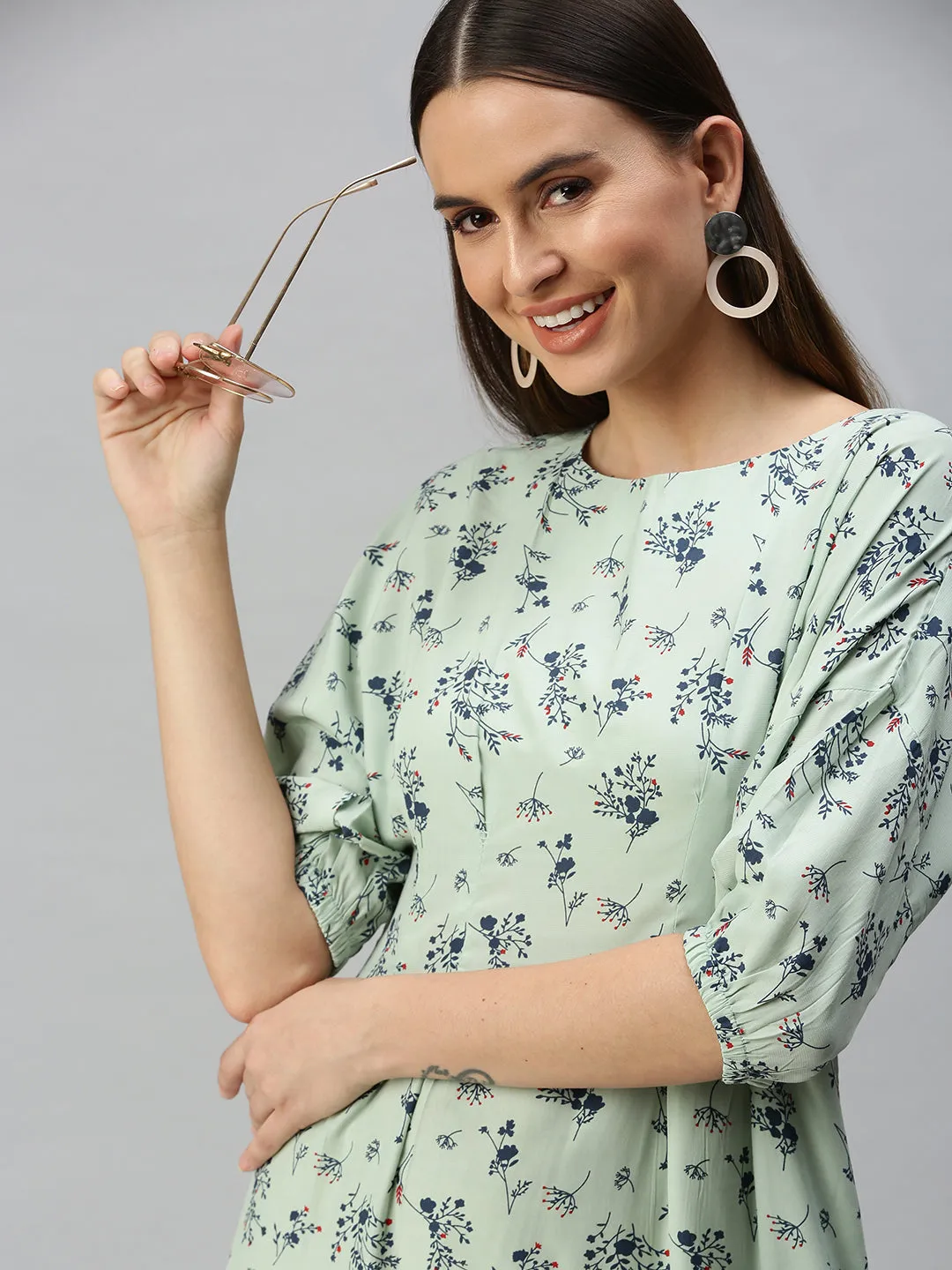 Women's Green Floral Crepe A-Line Dress Soft Comfort